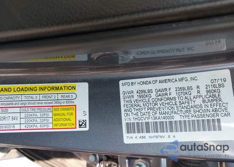 2019 Honda Accord Lx z USA, uszkodzony, nr VIN 1HGCV1F13KA140000